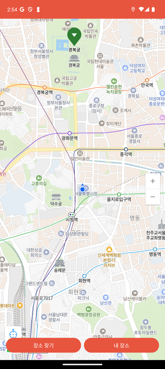 방문 도장을 찍고 지도로 돌아온 화면: 경복궁 마커가 초록색으로 바뀌어 있다
